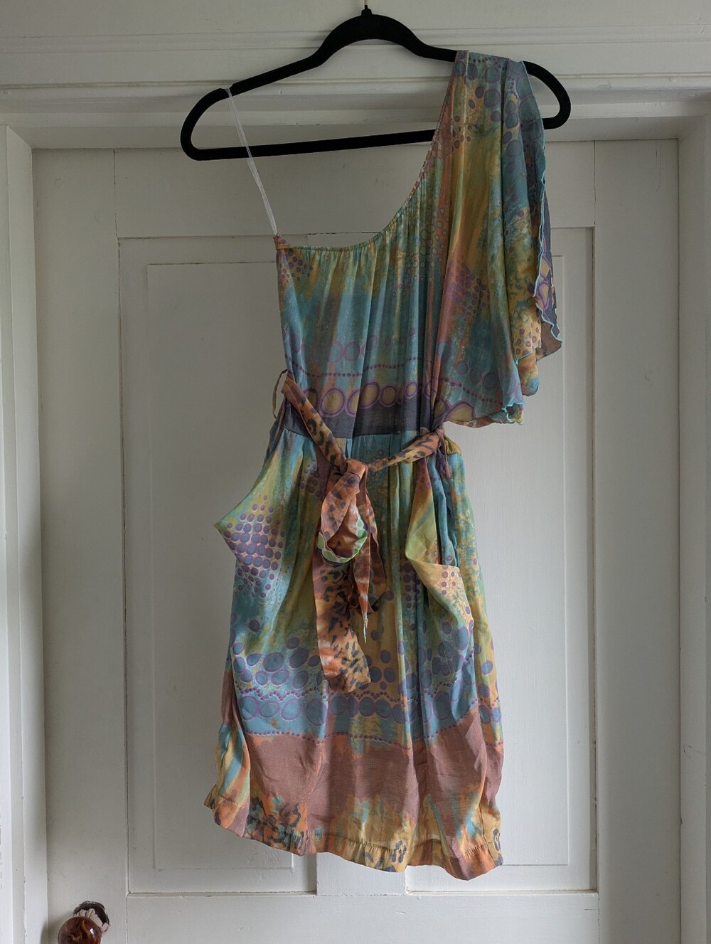 Coconut Moon Mixed Print, One Shoulder, Beltet, Lined Mini Dress w/ Pockets-S